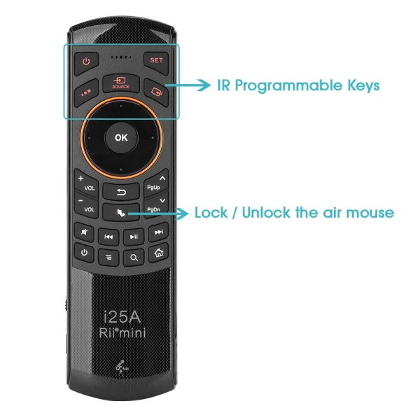 Τηλεχειριστήριο i25A Μπροστινή Όψη IR Programmable Keys, Lock / Unlock the air mouse